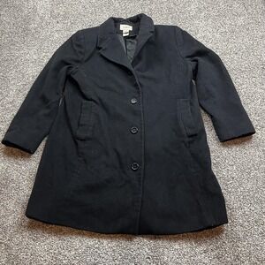 L.L.Bean Coat Womens Petite 14 Black‎ Wool Blend Long Button Front Lined